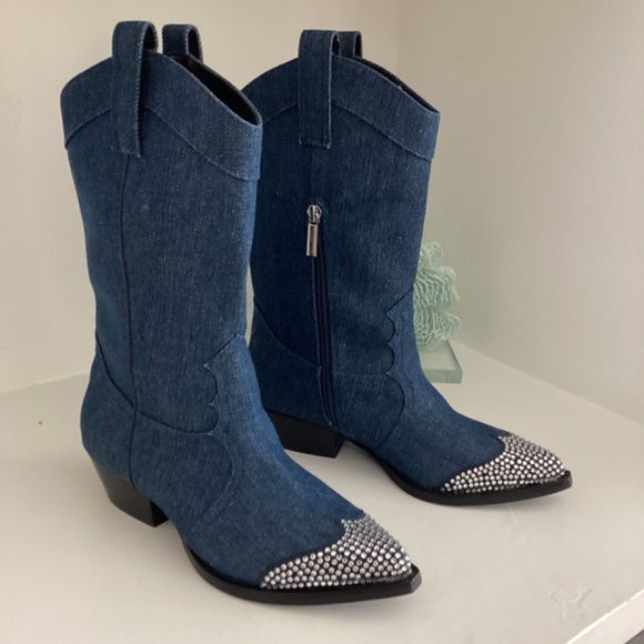 Karl Lagerfeld Cowboy very Taylor Swift Denim Boots Crystal Embellishment - Picture 4 of 9